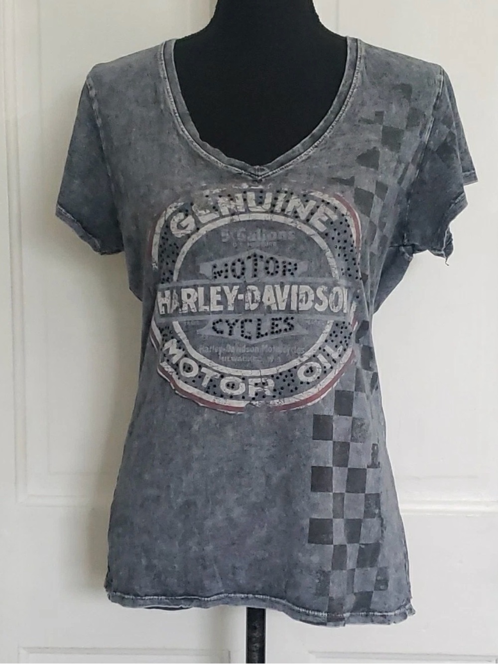 Harley-Davidson Gray Washed V-Neck Tee with Checkerboard Graphic